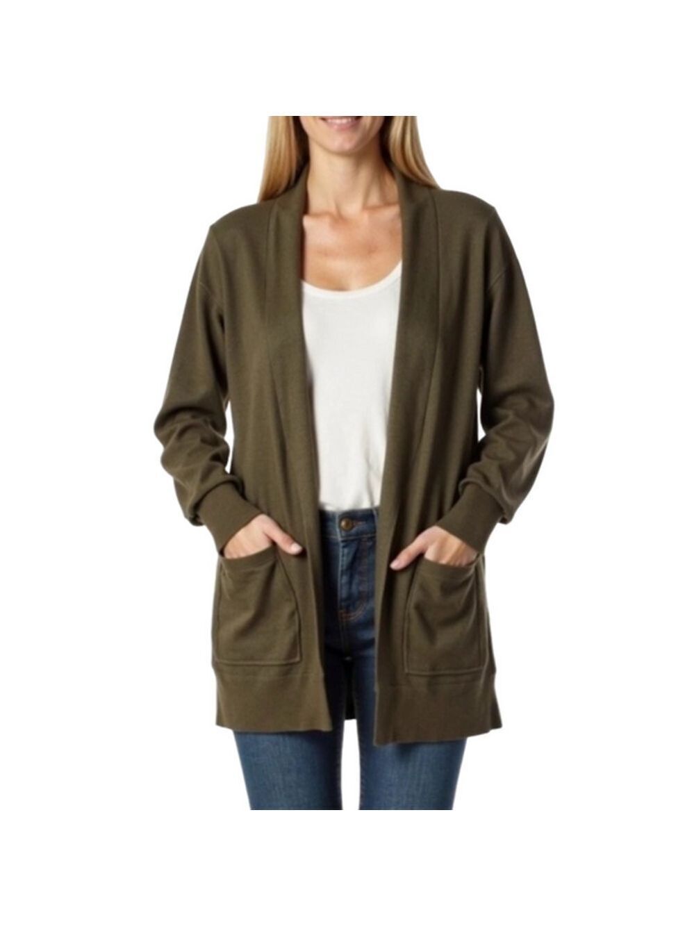 Pink Clover Olive Green Cardigan Small Open Front Pocket Lightweight Sweater